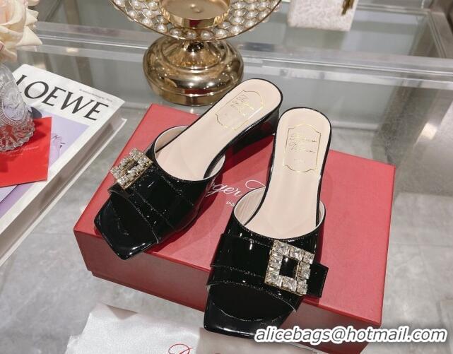 Good Quality Roger Vivier Très Vivier Strass Buckle Heel Slide Sandals 4.5cm in Patent Leather Black 0506140