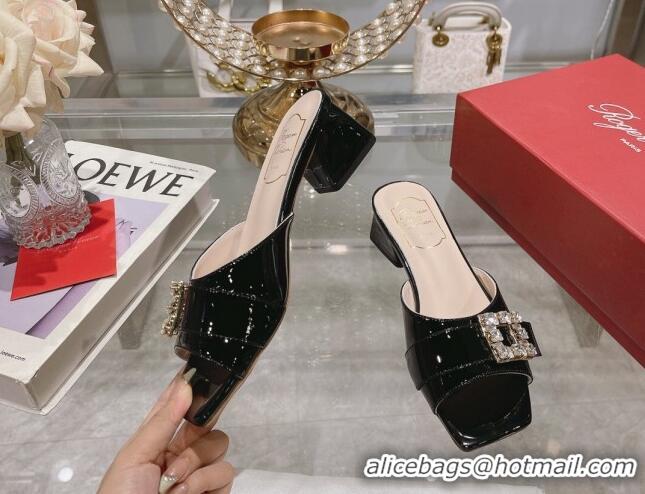 Good Quality Roger Vivier Très Vivier Strass Buckle Heel Slide Sandals 4.5cm in Patent Leather Black 0506140