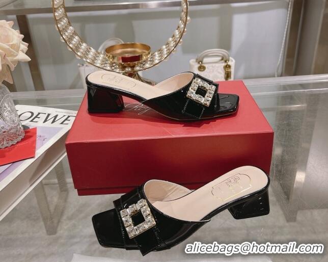 Good Quality Roger Vivier Très Vivier Strass Buckle Heel Slide Sandals 4.5cm in Patent Leather Black 0506140