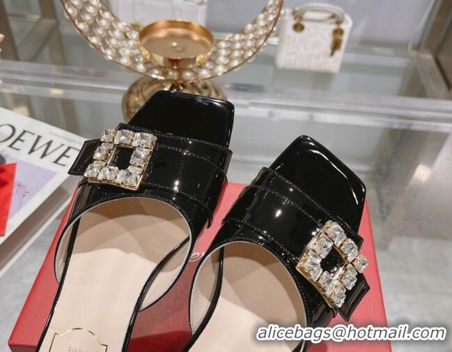 Good Quality Roger Vivier Très Vivier Strass Buckle Heel Slide Sandals 4.5cm in Patent Leather Black 0506140