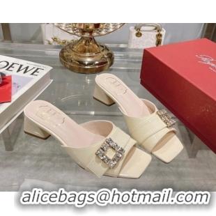 Grade Quality Roger Vivier Très Vivier Strass Buckle Heel Slide Sandals 4.5cm in Patent Leather White 506141