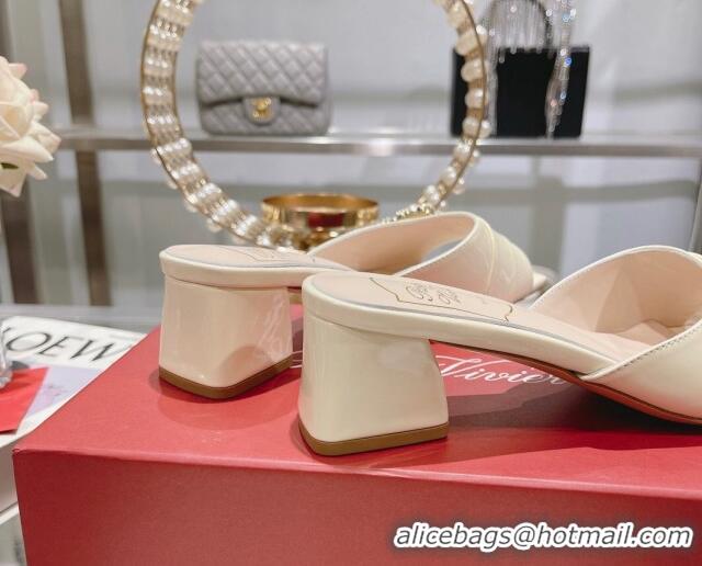 Grade Quality Roger Vivier Très Vivier Strass Buckle Heel Slide Sandals 4.5cm in Patent Leather White 506141