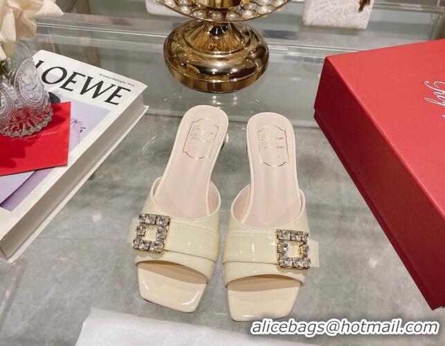 Grade Quality Roger Vivier Très Vivier Strass Buckle Heel Slide Sandals 4.5cm in Patent Leather White 506141