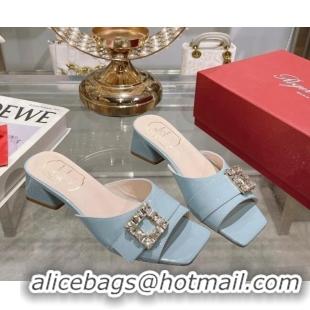 Low Price Roger Vivier Très Vivier Strass Buckle Heel Slide Sandals 4.5cm in Patent Leather Light Blue 506142