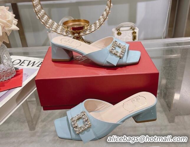 Low Price Roger Vivier Très Vivier Strass Buckle Heel Slide Sandals 4.5cm in Patent Leather Light Blue 506142