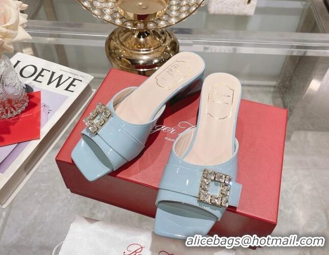 Low Price Roger Vivier Très Vivier Strass Buckle Heel Slide Sandals 4.5cm in Patent Leather Light Blue 506142