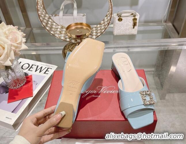 Low Price Roger Vivier Très Vivier Strass Buckle Heel Slide Sandals 4.5cm in Patent Leather Light Blue 506142