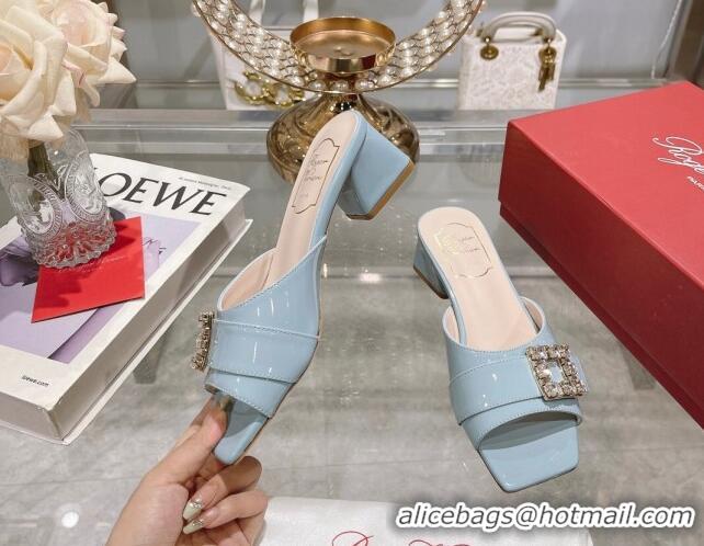 Low Price Roger Vivier Très Vivier Strass Buckle Heel Slide Sandals 4.5cm in Patent Leather Light Blue 506142