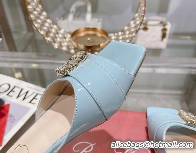 Low Price Roger Vivier Très Vivier Strass Buckle Heel Slide Sandals 4.5cm in Patent Leather Light Blue 506142