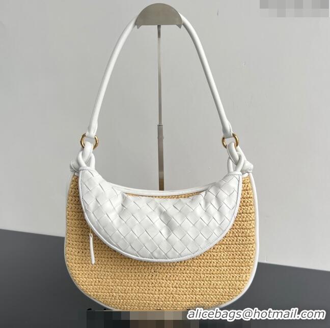 Best Price Bottega Veneta Medium Gemelli Shoulder Bag in Leather and Raffia Straw 786347 White 2024