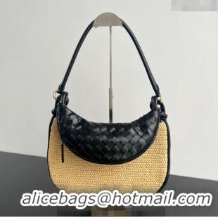 Super Quality Bottega Veneta Medium Gemelli Shoulder Bag in Leather and Raffia Straw 786347 Black 2024