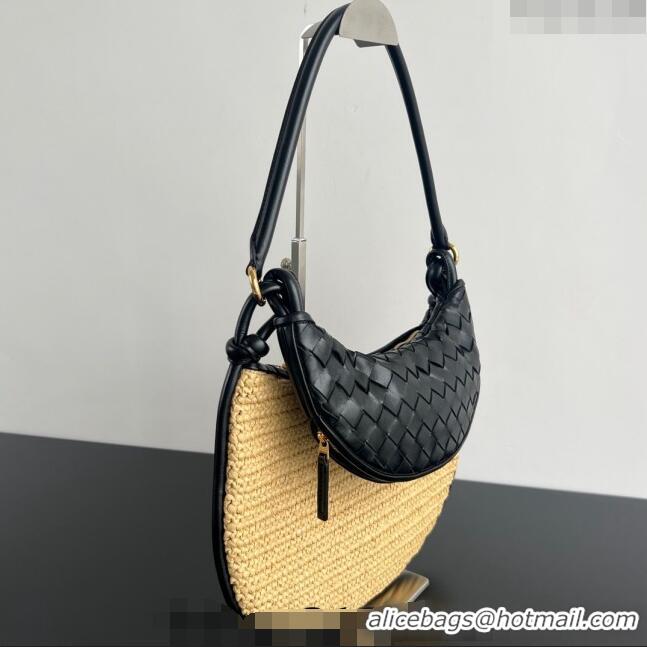 Super Quality Bottega Veneta Medium Gemelli Shoulder Bag in Leather and Raffia Straw 786347 Black 2024