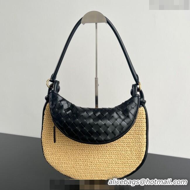 Super Quality Bottega Veneta Medium Gemelli Shoulder Bag in Leather and Raffia Straw 786347 Black 2024