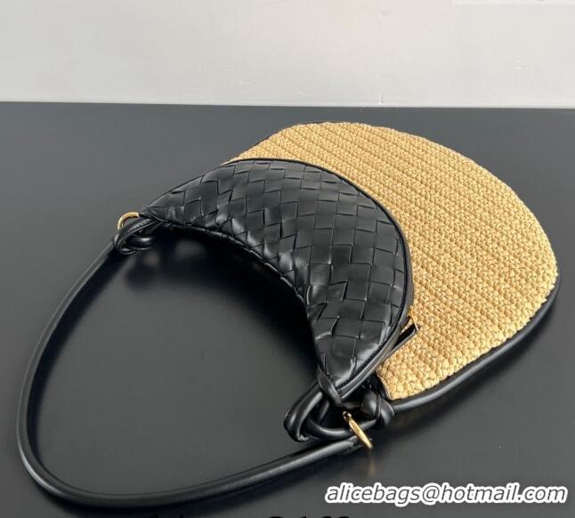 Super Quality Bottega Veneta Medium Gemelli Shoulder Bag in Leather and Raffia Straw 786347 Black 2024