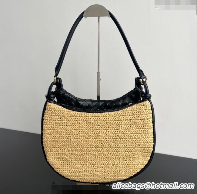 Super Quality Bottega Veneta Medium Gemelli Shoulder Bag in Leather and Raffia Straw 786347 Black 2024