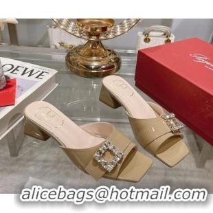 Top Grade Roger Vivier Très Vivier Strass Buckle Heel Slide Sandals 4.5cm in Patent Leather Khaki 506143