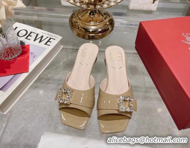 Top Grade Roger Vivier Très Vivier Strass Buckle Heel Slide Sandals 4.5cm in Patent Leather Khaki 506143