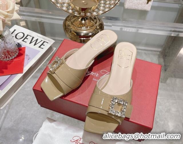 Top Grade Roger Vivier Très Vivier Strass Buckle Heel Slide Sandals 4.5cm in Patent Leather Khaki 506143