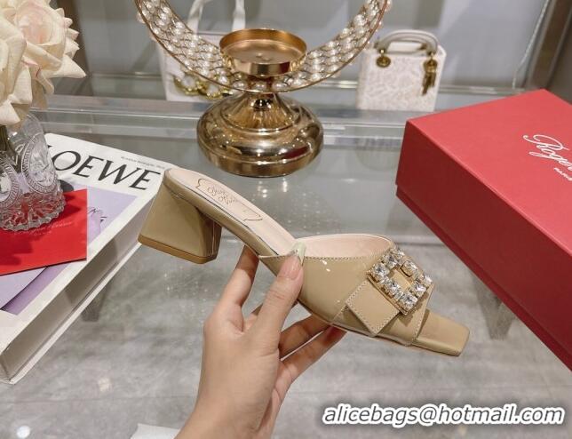 Top Grade Roger Vivier Très Vivier Strass Buckle Heel Slide Sandals 4.5cm in Patent Leather Khaki 506143