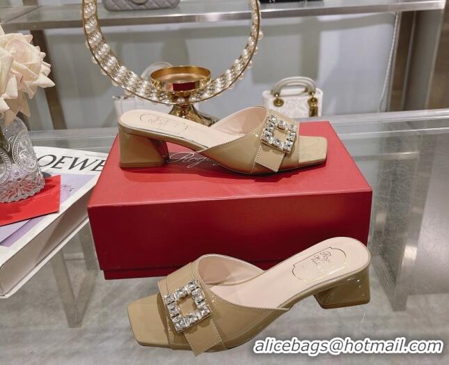 Top Grade Roger Vivier Très Vivier Strass Buckle Heel Slide Sandals 4.5cm in Patent Leather Khaki 506143