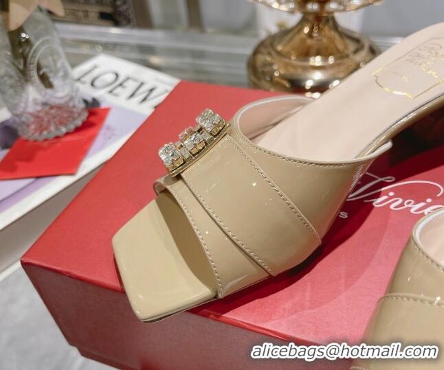 Top Grade Roger Vivier Très Vivier Strass Buckle Heel Slide Sandals 4.5cm in Patent Leather Khaki 506143