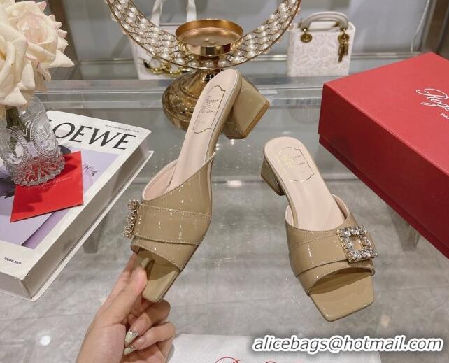 Top Grade Roger Vivier Très Vivier Strass Buckle Heel Slide Sandals 4.5cm in Patent Leather Khaki 506143