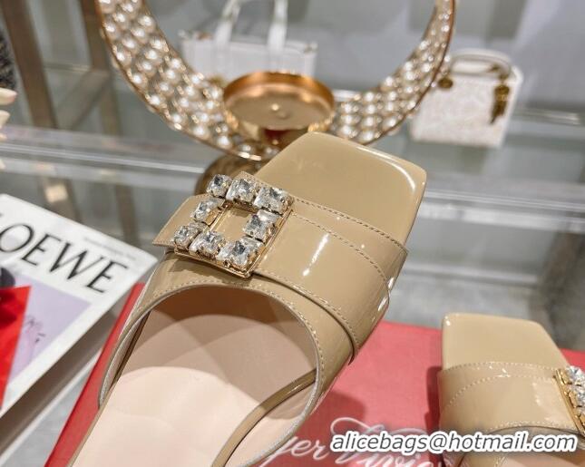 Top Grade Roger Vivier Très Vivier Strass Buckle Heel Slide Sandals 4.5cm in Patent Leather Khaki 506143