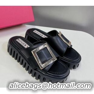 Good Quality Roger Vivier Viv' Go-Thick Metal Buckle Platform Slide Sandals in Leather Black 506151