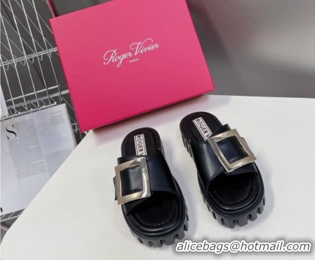 Good Quality Roger Vivier Viv' Go-Thick Metal Buckle Platform Slide Sandals in Leather Black 506151