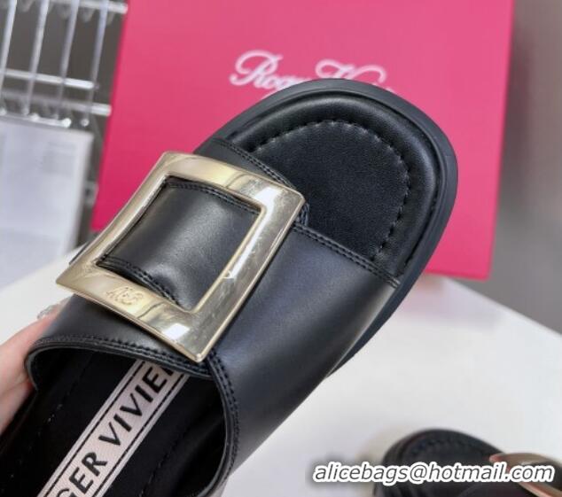 Good Quality Roger Vivier Viv' Go-Thick Metal Buckle Platform Slide Sandals in Leather Black 506151