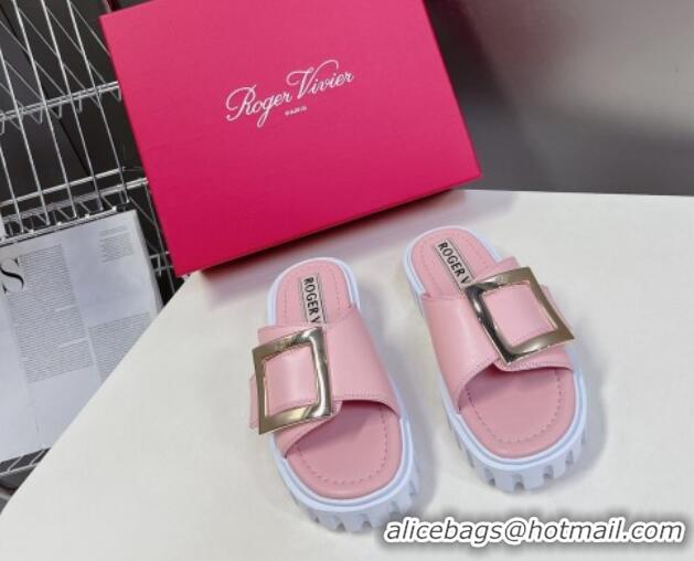 Pretty Style Roger Vivier Viv' Go-Thick Metal Buckle Platform Slide Sandals in Leather Pink 506152