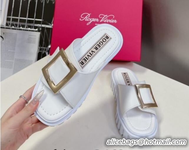 Top Grade Roger Vivier Viv' Go-Thick Metal Buckle Platform Slide Sandals in Leather White 506153