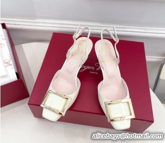 Durable Roger Vivier Trompette Metal Buckle Slingback Pumps 7cm in Patent Leather White 506155