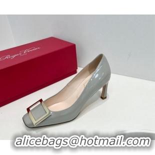 Classic Hot Roger Vivier Trompette Metal Buckle Pumps 7cm in Patent Leather Light Grey 611129