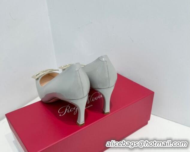 Classic Hot Roger Vivier Trompette Metal Buckle Pumps 7cm in Patent Leather Light Grey 611129