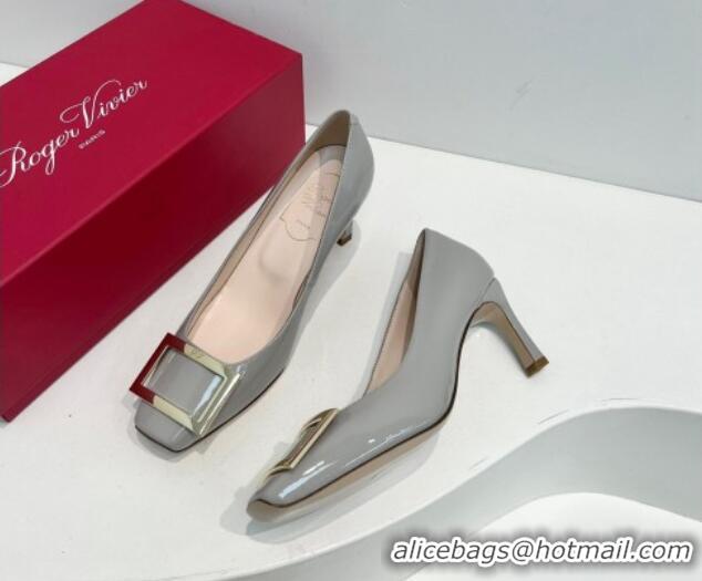 Classic Hot Roger Vivier Trompette Metal Buckle Pumps 7cm in Patent Leather Light Grey 611129