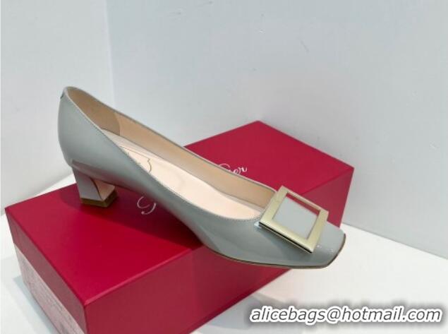 Leisure Roger Vivier Trompette Metal Buckle Pumps 4.5cm in Patent Leather Light Grey 611130