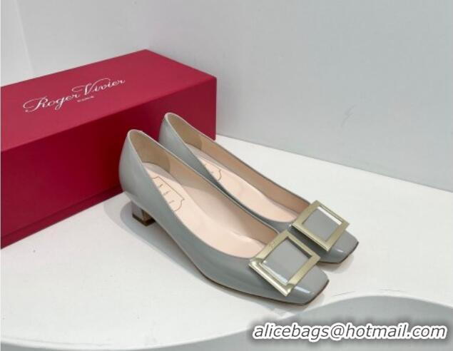 Leisure Roger Vivier Trompette Metal Buckle Pumps 4.5cm in Patent Leather Light Grey 611130