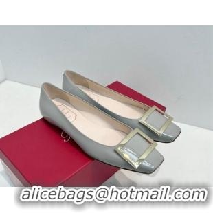 Best Price Roger Vivier Trompette Metal Buckle Ballerinas Flat in Patent Leather Light Grey 611131