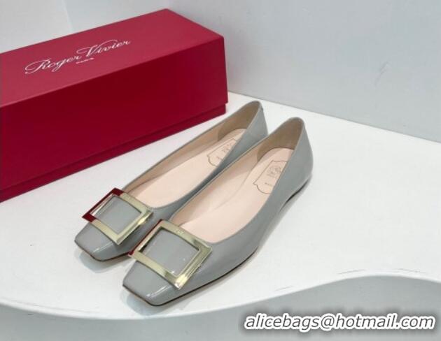 Best Price Roger Vivier Trompette Metal Buckle Ballerinas Flat in Patent Leather Light Grey 611131