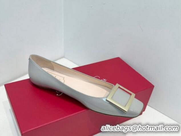 Best Price Roger Vivier Trompette Metal Buckle Ballerinas Flat in Patent Leather Light Grey 611131