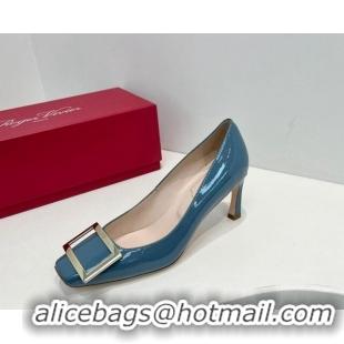 Buy Luxury Roger Vivier Trompette Metal Buckle Pumps 7cm in Patent Leather Blue 611132