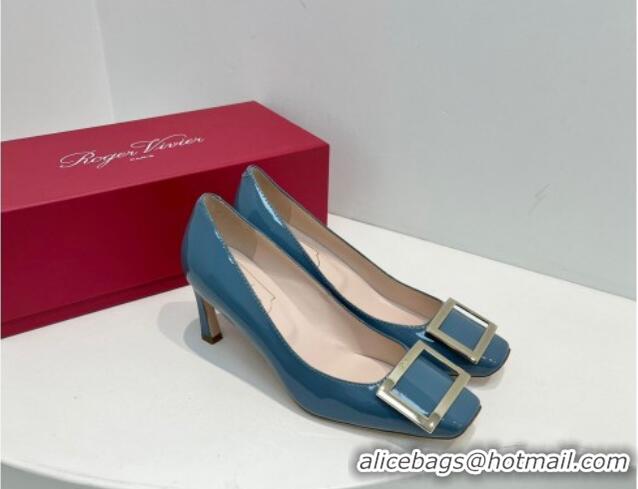 Buy Luxury Roger Vivier Trompette Metal Buckle Pumps 7cm in Patent Leather Blue 611132