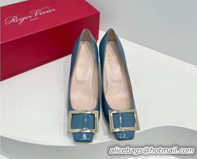 Buy Luxury Roger Vivier Trompette Metal Buckle Pumps 7cm in Patent Leather Blue 611132