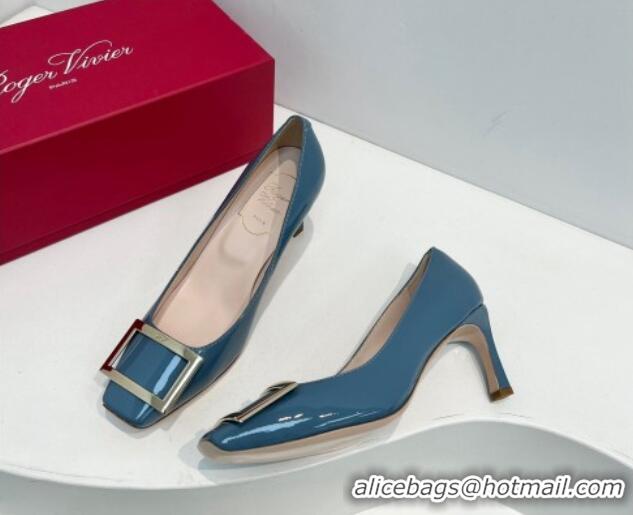 Buy Luxury Roger Vivier Trompette Metal Buckle Pumps 7cm in Patent Leather Blue 611132