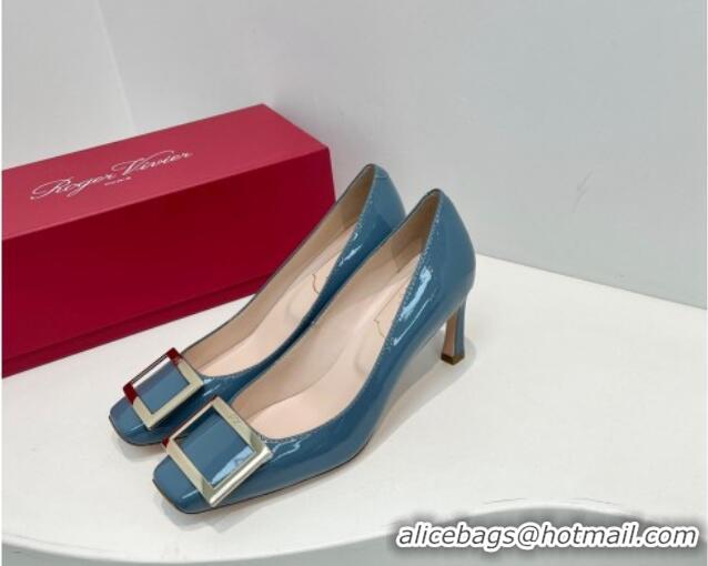 Buy Luxury Roger Vivier Trompette Metal Buckle Pumps 7cm in Patent Leather Blue 611132