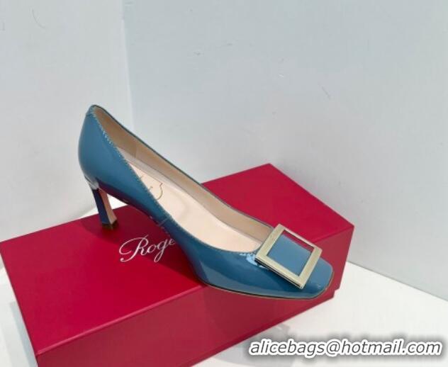 Buy Luxury Roger Vivier Trompette Metal Buckle Pumps 7cm in Patent Leather Blue 611132