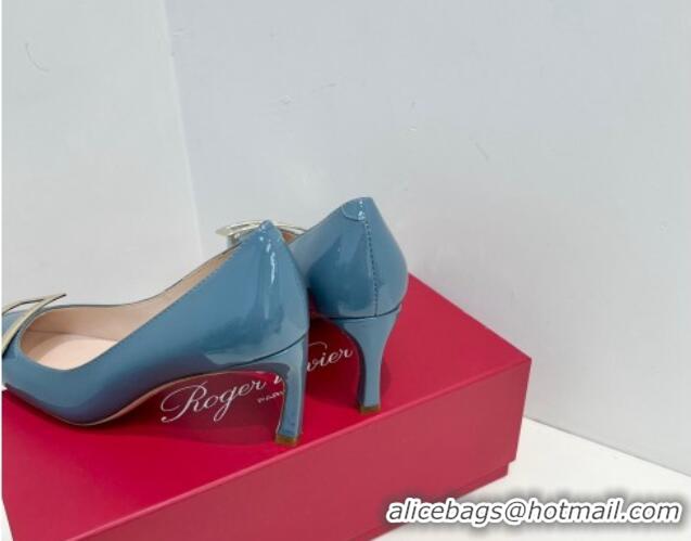 Buy Luxury Roger Vivier Trompette Metal Buckle Pumps 7cm in Patent Leather Blue 611132