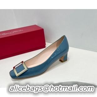 Sophisticated Roger Vivier Trompette Metal Buckle Pumps 4.5cm in Patent Leather Blue 611134