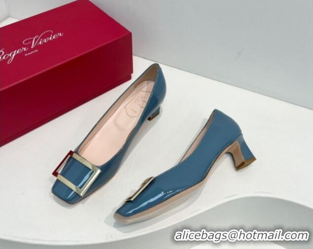 Sophisticated Roger Vivier Trompette Metal Buckle Pumps 4.5cm in Patent Leather Blue 611134